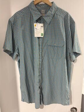 MEC Avar 2 Shirt Mens XXL Blue Plaid Hiking Camping UPF Short Sleeve NWT